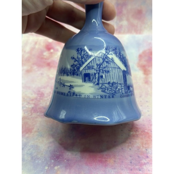 Porcelain Blue Table Bell Currier & Ives The Old Homestead in Winter ~ Vintage - Picture 5 of 6